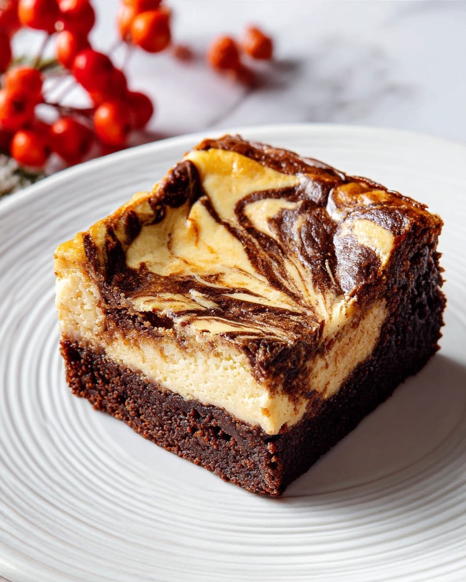 A single square piece of dessert with two clear layers sits on a white plate with subtle circular ridges. The bottom layer is a thick, dark brown brownie base with a dense, slightly crumbly texture. The top layer is a creamy, light tan cheesecake with dark brown chocolate swirls creating a marbled effect that spreads unevenly across the surface. The edges of the dessert have a slightly shiny, baked look. In the background, there is a hint of small red-orange berries adding a touch of color, all placed on a white marbled surface. photo taken with an iphone --ar 4:5 --v 7