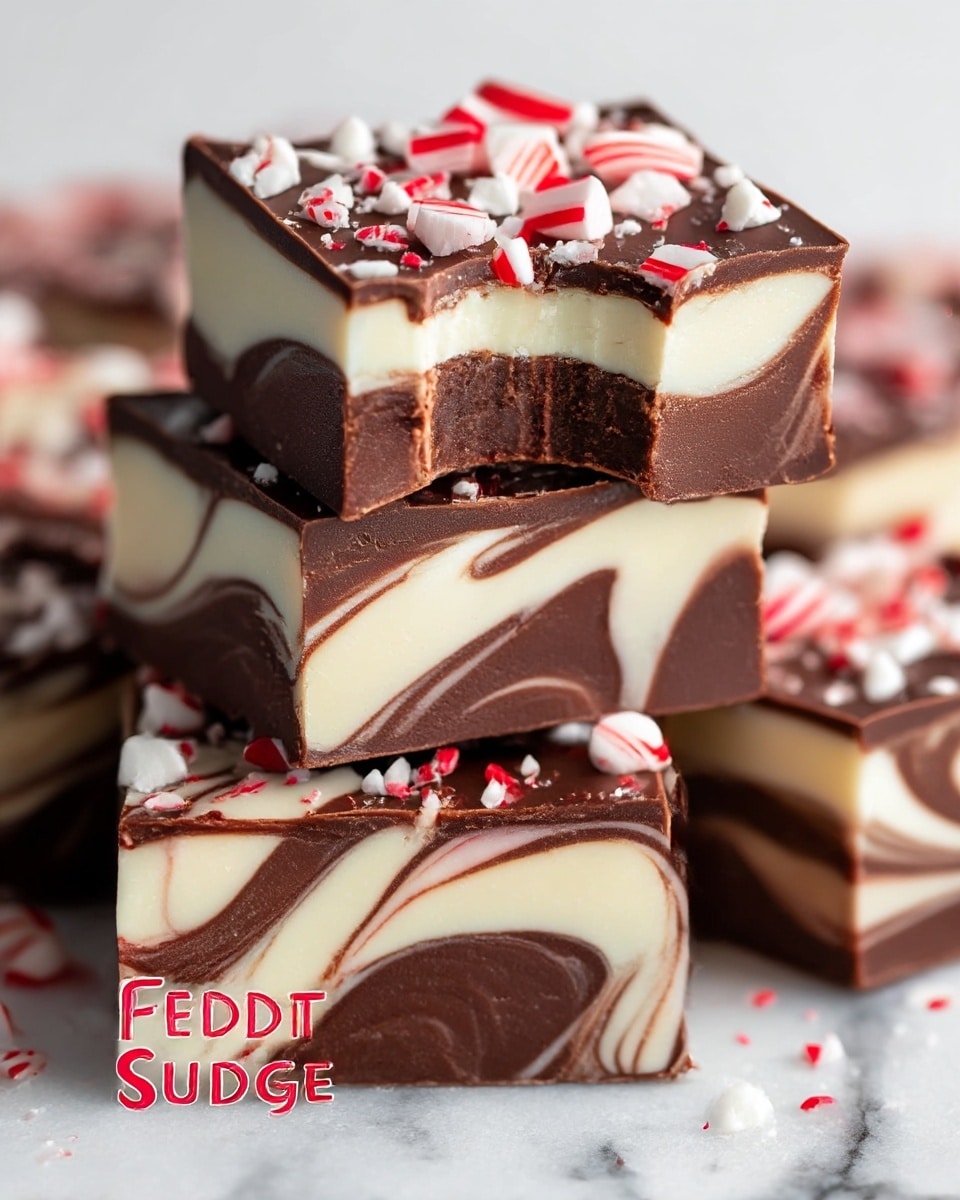 The image shows close-up pieces of peppermint swirl fudge stacked together, each piece having two main swirled layers: a creamy white layer mixed with a rich dark brown chocolate layer, creating a marbled effect throughout. The top surface of each fudge piece is smooth and glossy dark chocolate, decorated with scattered chunks of white peppermint candy that have red streaks. The fudge pieces have sharp, clean edges and some are stacked with one piece slightly tilted, revealing the swirled layers inside. The background is a white marbled texture, enhancing the contrast and colors of the fudge. photo taken with an iphone --ar 4:5 --v 7
