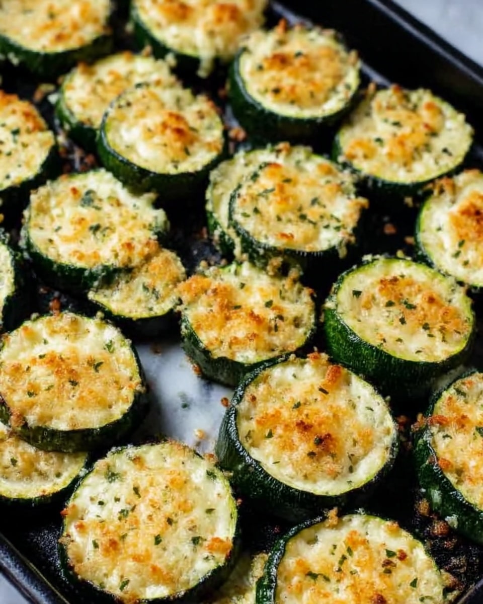 The image shows several round slices of zucchini arranged closely together on a white tray. Each zucchini slice has a bright green outer edge and a pale, creamy inner part topped with a layer of golden brown crumbs mixed with small green herbs, creating a textured surface. The crumbs appear slightly crunchy and are spread evenly over each slice. The zucchini slices are placed on a white marbled surface, giving the scene a clean and fresh look. photo taken with an iphone --ar 4:5 --v 7