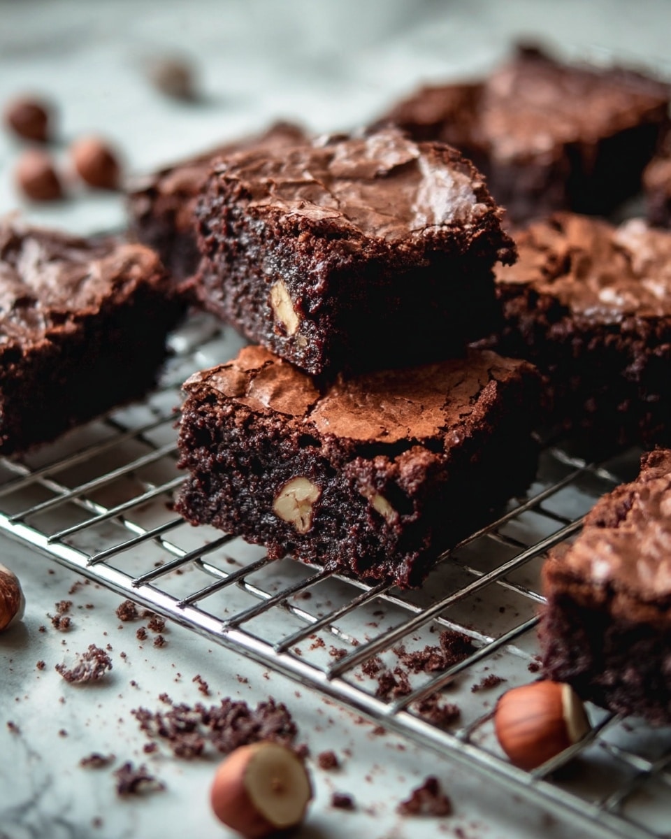 Several small square chocolate brownies are placed closely on a metal wire rack. Each brownie has a cracked, shiny dark brown top layer showing a slightly crispy texture, while the inside shows a rich, moist, and dense dark brown chocolate layer. Some walnuts are visible embedded inside the brownies. Crumbs are scattered around the brownies and rack. The wire rack lies on a white marbled surface with a few whole and cracked hazelnuts around it. Photo taken with an iphone --ar 4:5 --v 7