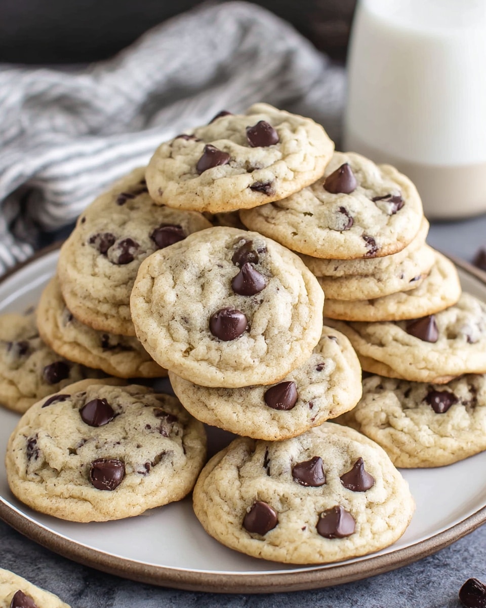 A pile of soft, round cookies with light golden edges sits on a white plate with a slight texture. Each cookie has a light beige base filled with many small, dark brown chocolate chips scattered all over. On top of several cookies, three large, glossy chocolate chips stand out, giving a shiny contrast to the matte cookie dough. The cookies overlap each other slightly, showing their uneven, homemade shapes and soft texture. The scene is set against a white marbled texture which adds a clean and bright background to the warm tone of the cookies. Photo taken with an iphone --ar 4:5 --v 7