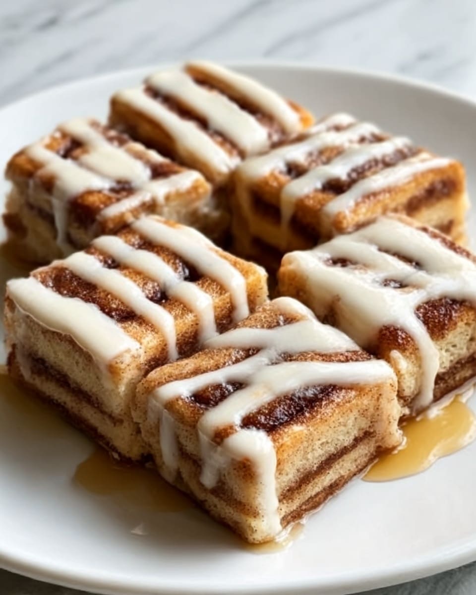 A white plate holds four square pieces of cinnamon roll cutouts, each showing three visible soft layers of light brown dough with darker cinnamon swirls. The rolls are topped with white creamy icing drizzled in thick stripes, glistening slightly. There is a hint of syrup or glaze pooling lightly around the rolls on the white plate. The background is a smooth white marbled surface. Photo taken with an iphone --ar 4:5 --v 7
