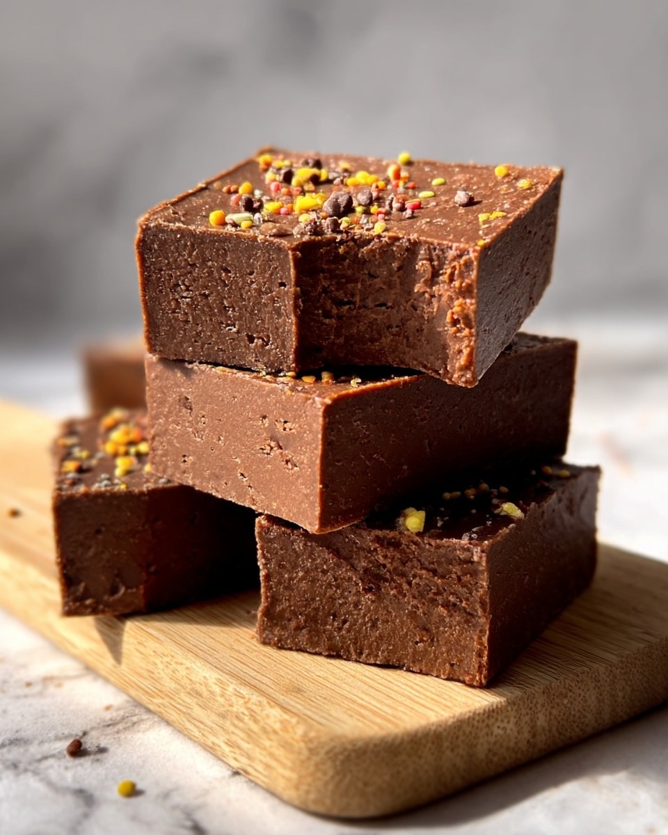 The image shows three thick, rectangular chocolate fudge pieces stacked unevenly on a light wooden board. Each fudge piece has a smooth, dark brown top layer with small crunchy bits sprinkled on top, adding light golden and white texture highlights. The middle layer is dense and solid, showing a consistent dark chocolate color. The bottom layer is slightly lighter brown but still creamy and firm. The background has a soft white marbled texture, and some of the fudge pieces are cut with smooth edges, showing the rich, creamy interior. Photo taken with an iphone --ar 4:5 --v 7