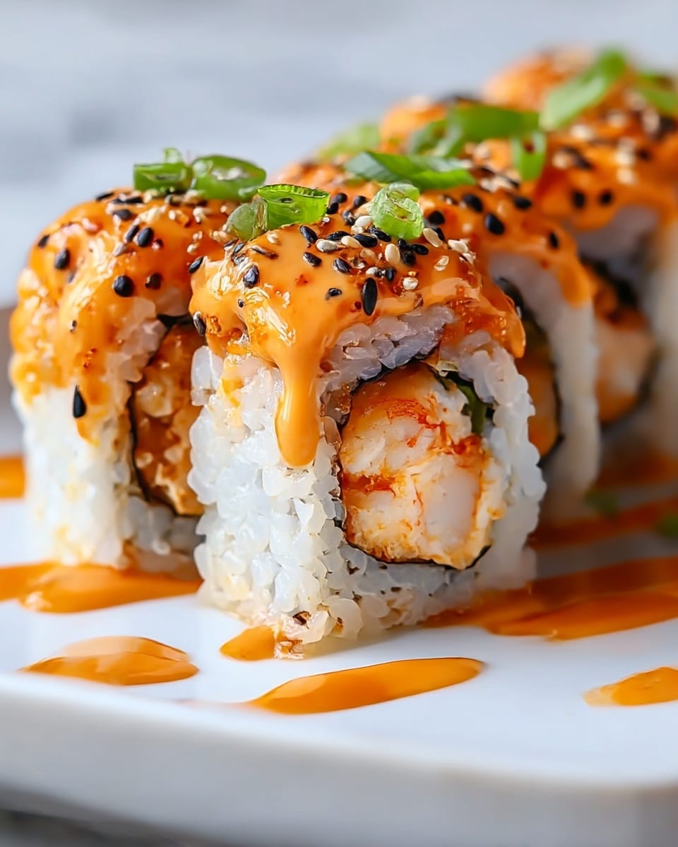 A close-up of four sushi rolls placed in a row on a white rectangular plate, each roll has an outer layer of white rice with a thin black seaweed wrap inside. The middle layer inside the roll is a creamy orange seafood mixture. The top layer is covered with a light orange spicy mayo sauce, sprinkled with black and white sesame seeds, small green onion pieces, and a drizzle of dark orange sauce that also pools slightly on the white marbled surface beneath the plate. The background is softly blurred with a second white plate and chopsticks in soft focus. Photo taken with an iphone --ar 4:5 --v 7