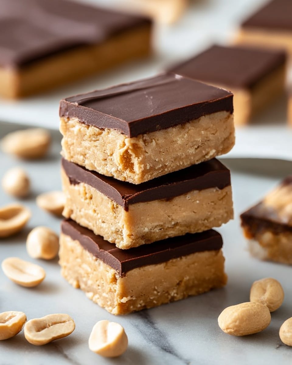 A close-up shows three stacked peanut butter bars with two visible layers each: a thick, light brown, slightly crumbly peanut butter layer forming the base and middle, topped by a thin, smooth, dark brown chocolate layer. Around the stack, more bars and scattered halved and whole peanuts lie on a white marbled textured surface. The bars in the background have a creamy peanut shape on top, and the scene has soft, natural light highlighting the rich colors and textures. Photo taken with an iphone --ar 4:5 --v 7