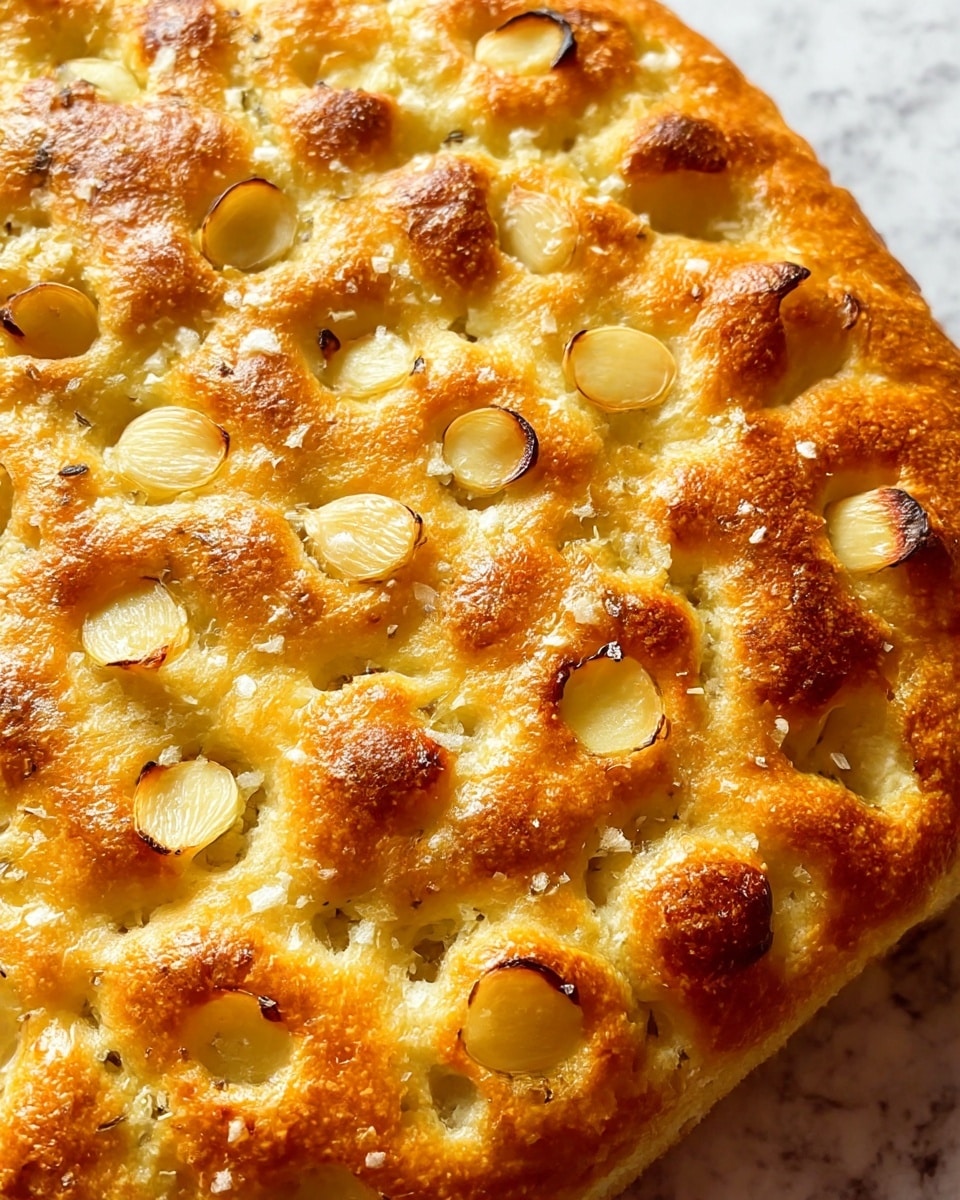 A close-up view of a golden-brown focaccia bread with a rough, bubbly texture on top and small baked-in mushrooms scattered evenly across the surface. The bread has uneven, raised patches of dough with a slightly shiny, oily finish and is sprinkled with small flakes of white coarse salt or cheese, adding texture and contrast. The background features a white marbled texture, highlighting the warm tones of the bread. Photo taken with an iphone --ar 4:5 --v 7