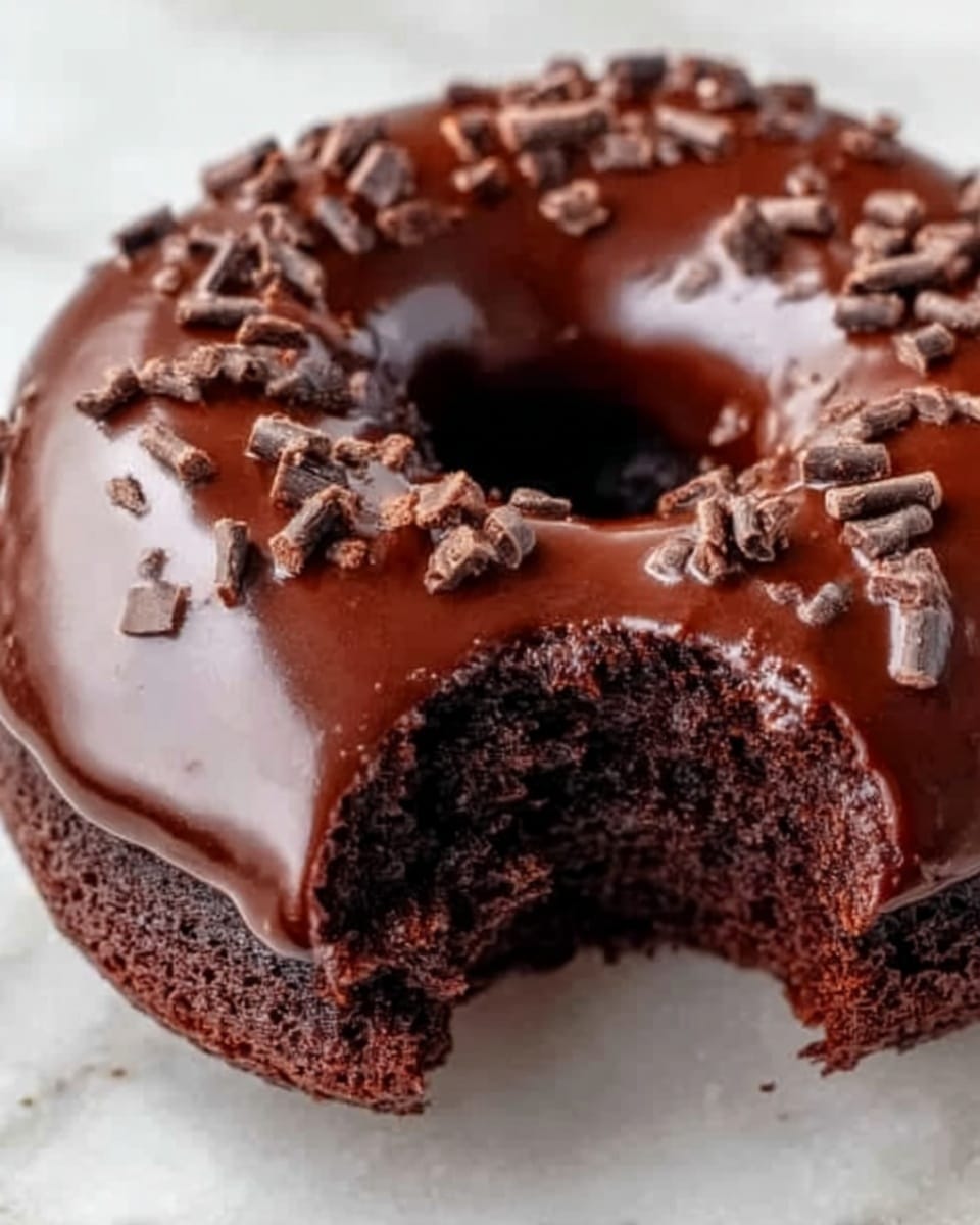 The image shows a close-up of a chocolate cupcake with a smooth, shiny layer of chocolate glaze on top. The glaze is decorated with small pieces of chocolate sprinkled over it. The cupcake's dark chocolate cake is moist and fluffy, visible from a bite taken out of it, revealing the soft texture inside. The background is a clean, white marbled surface. Photo taken with an iphone --ar 4:5 --v 7
