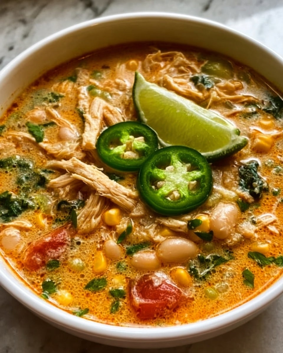 A close-up view of a white bowl filled with a thick, creamy soup that has a light orange-brown color. The soup contains visible shredded chicken pieces, white beans, yellow corn kernels, and chunks of red tomatoes. Floating on top are a few bright green spinach leaves and three thin, round slices of dark green jalapeño pepper. On the side of the bowl, there is a wedge of lime with light green skin and pale green inside. The bowl sits on a white marbled surface. photo taken with an iphone --ar 4:5 --v 7