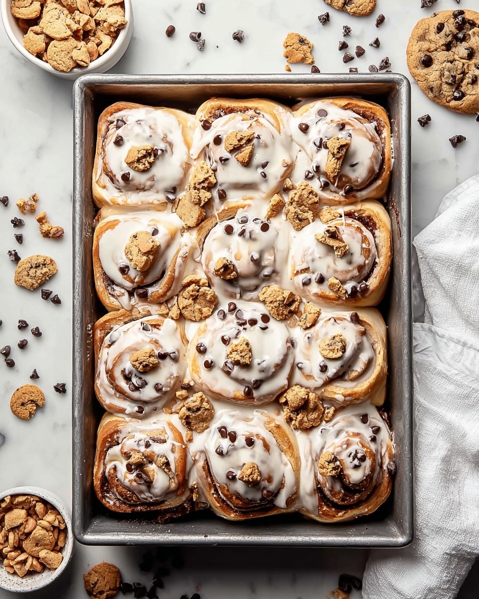 A metal rectangular baking pan holds nine large cinnamon rolls arranged in three rows of three, each roll swirled with golden brown dough and dark chocolate chips visible inside the spirals. The top of each cinnamon roll is thickly covered with white icing that looks soft and glossy, melting slightly over the edges. Scattered on top and around the rolls are small chocolate chip mini cookies, some whole and some broken into pieces, adding texture and contrast. The pan is placed on a white marbled surface with more mini cookies and dark chocolate chips scattered around, alongside a small bowl filled with more cookies and a crumpled white cloth napkin on the side, giving a cozy, fresh-baked feel. Photo taken with an iphone --ar 4:5 --v 7