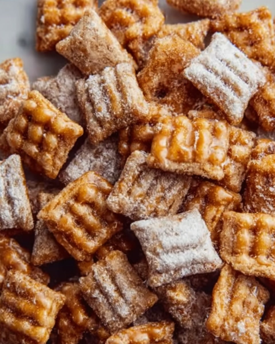 A close-up view of many small square-shaped snacks with a crisscross puckered texture on some pieces and smooth on others, coated unevenly with powdered sugar and light brown caramel drizzle, giving a mix of beige, light brown, and white colors throughout. The snacks appear crunchy and slightly glossy from the caramel, all set on a white marbled surface. Photo taken with an iphone --ar 4:5 --v 7