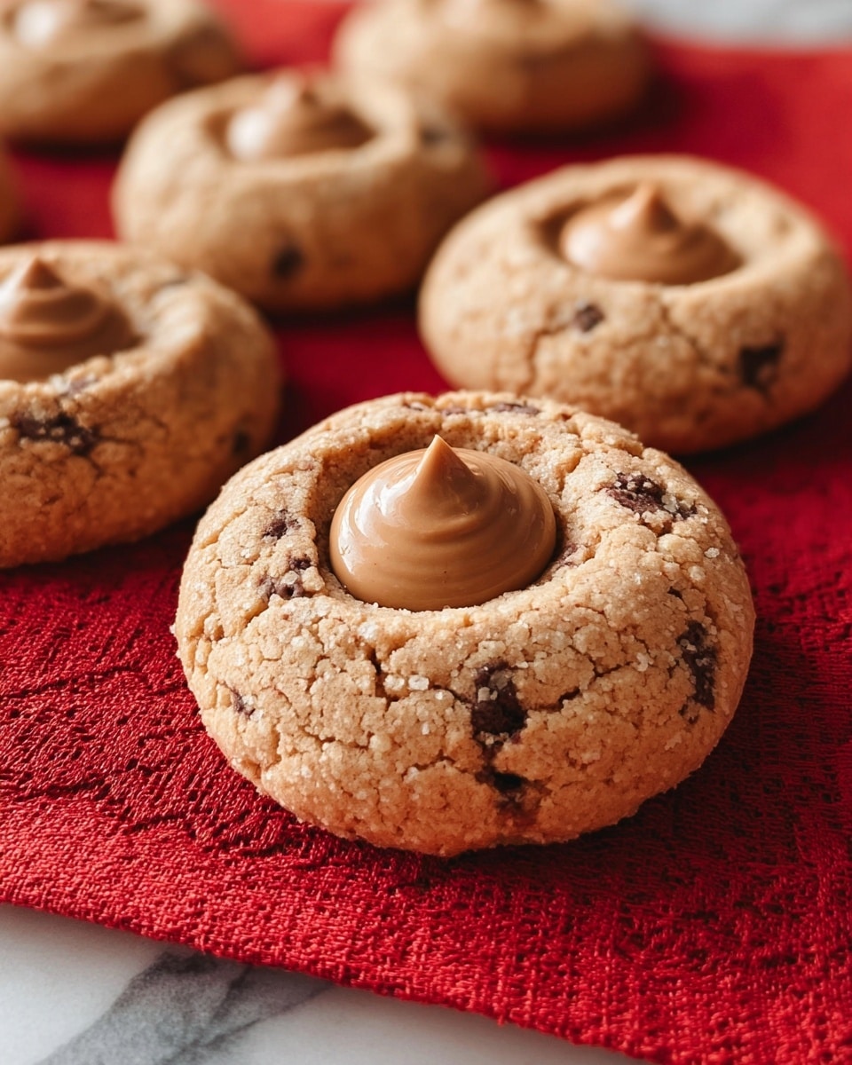 The image shows several round cookies with a cracked light brown surface, each with darker spots throughout the dough, suggesting chocolate chips or small chunks. Each cookie has a smooth, glossy dollop of light brown creamy filling placed in the center, creating a shallow well-like shape in the middle of the cookie. The cookies are arranged on a red cloth with a textured pattern, which lies over a white marbled surface. The focus is clear on the front cookie while the others softly blur into the background. photo taken with an iphone --ar 4:5 --v 7