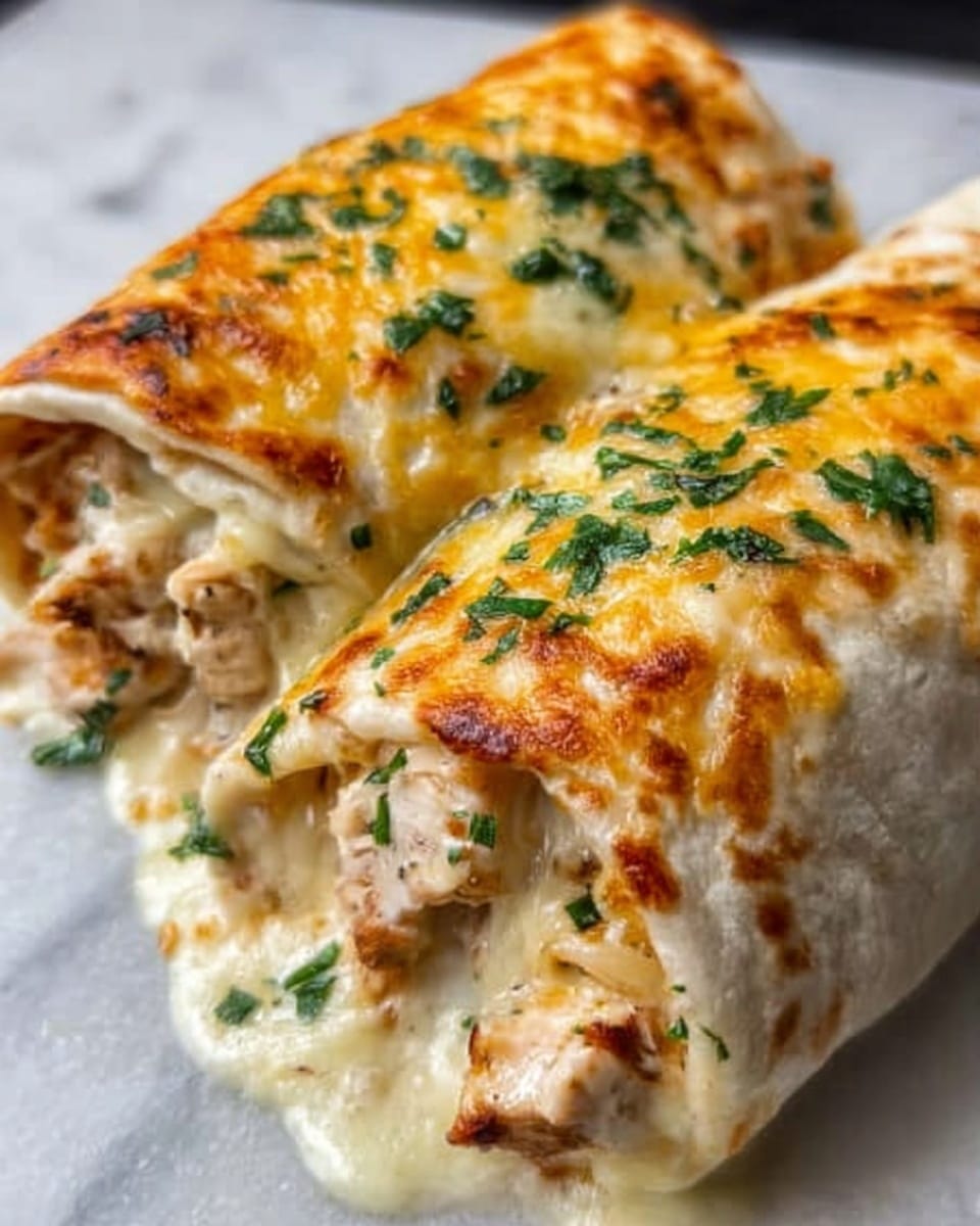 Two thick burritos placed side by side on a white marbled surface, each burrito wrapped tightly in a soft flour tortilla. The top is covered with melted cheese that is golden brown in spots, creating a slightly crispy texture. Small pieces of chopped green herbs are sprinkled evenly over the cheese, adding a fresh touch. Inside, visible near the open end, are layers of creamy melted cheese and tender cooked chicken mixed with a light sauce. The burritos appear warm and gooey, with cheese slightly oozing out from the edges. Photo taken with an iphone --ar 4:5 --v 7