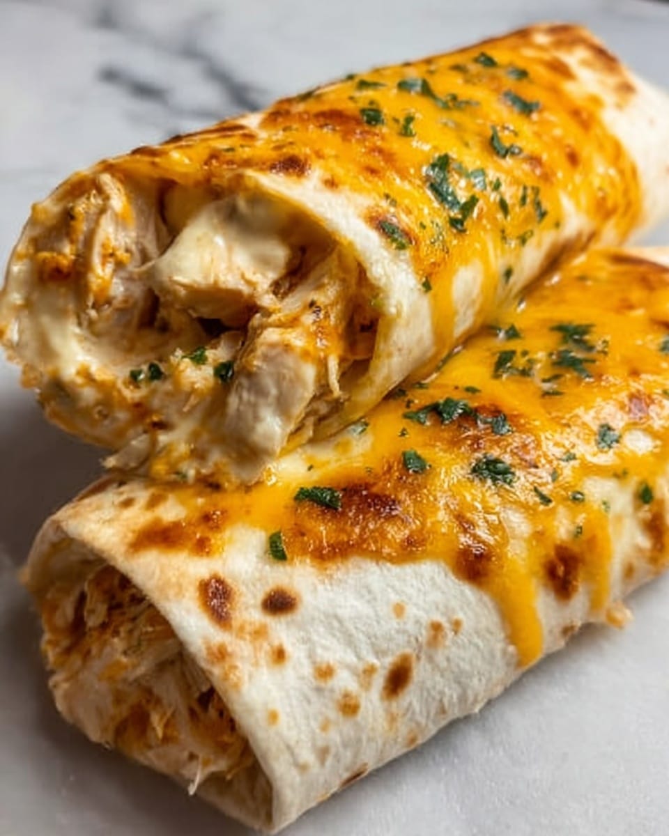 The image shows two large, soft tortillas rolled into thick burritos, placed side by side on a white marbled surface. Each burrito is covered with melted, golden-brown cheese that has a slightly crispy texture on top and is sprinkled with small green herb pieces. Inside, layers of creamy white sauce, orange cheddar cheese, and cooked chicken with a tender texture are visible peeking from the open end. The burritos look warm and inviting, with a mix of smooth and slightly crispy textures throughout. photo taken with an iphone --ar 4:5 --v 7