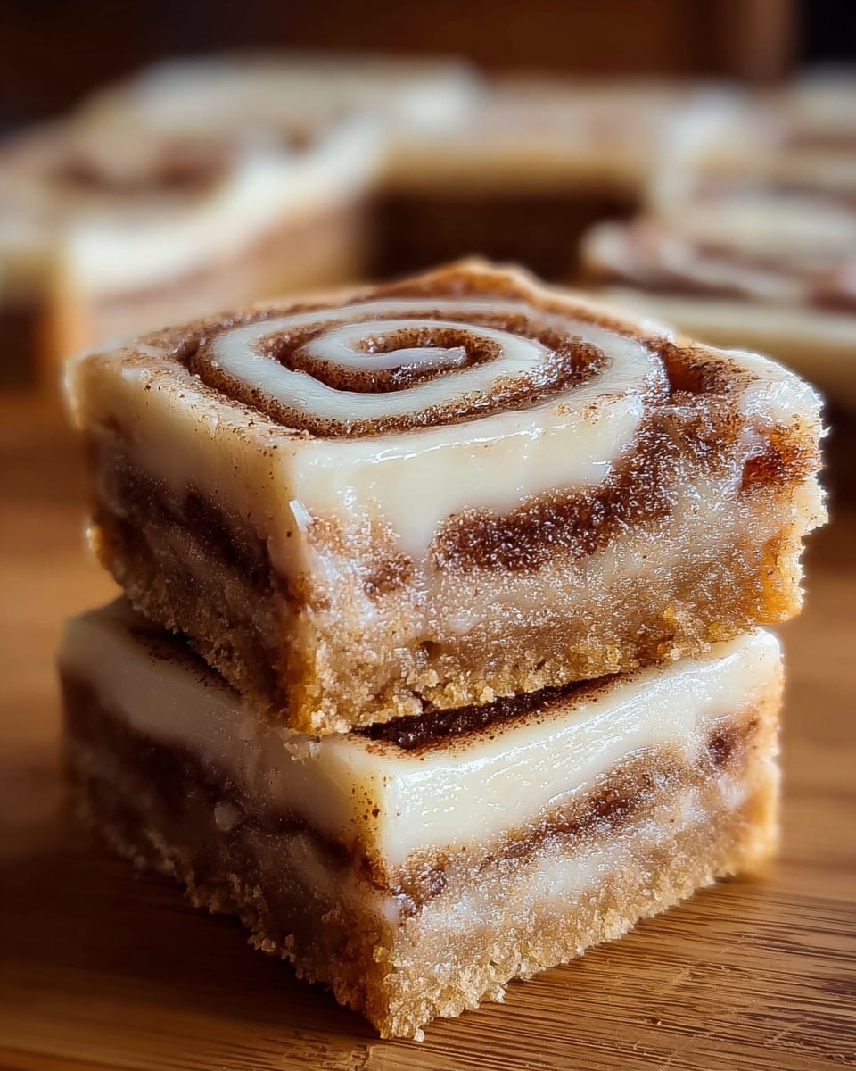 Two square cinnamon rolls stacked on top of each other show three visible layers: a light brown base with a soft crumbly texture, a middle layer with a mix of cinnamon and sugar creating a darker, spiced swirl, and a thick top layer of smooth, glossy white icing with a cinnamon swirl pattern. The rolls have a slightly sticky and shiny look, and the background is blurred with more cinnamon rolls placed on a white marbled surface. photo taken with an iphone --ar 4:5 --v 7