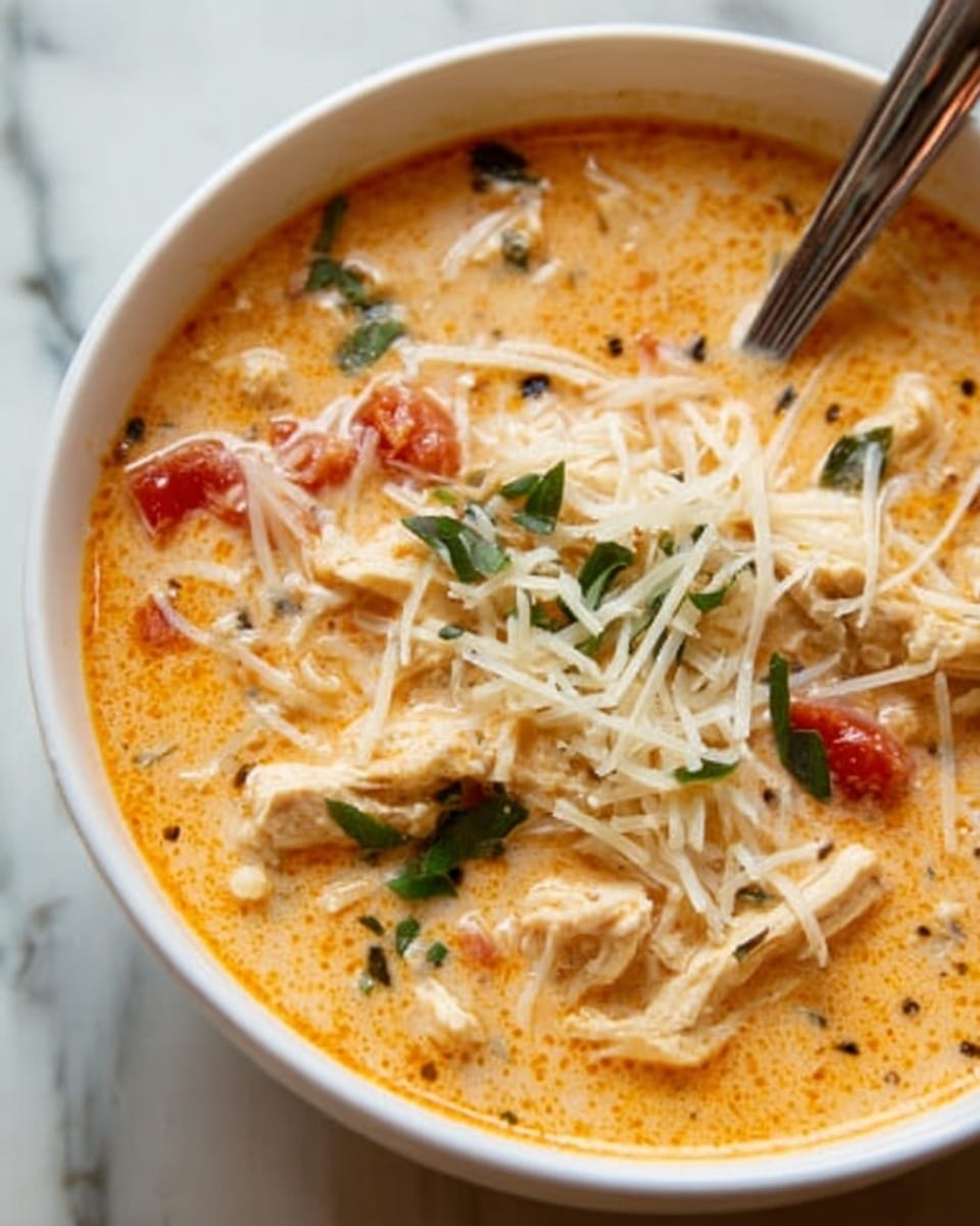 A white bowl filled with creamy orange soup that has chunks of white chicken meat and small red tomato pieces mixed throughout. The soup is topped with a sprinkle of shredded white cheese and small green herb leaves, adding contrast to the rich texture. A spoon rests inside the bowl, partially submerged in the soup. The background is a white marbled surface. photo taken with an iphone --ar 4:5 --v 7