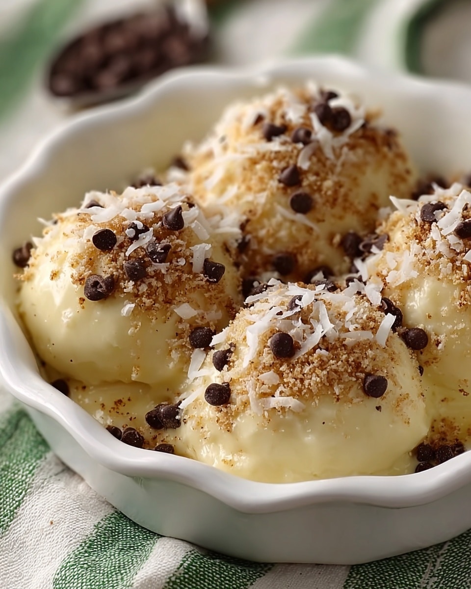 The image shows four scoops of light creamy white dessert placed close together inside a white scalloped dish. Each scoop is topped with a layer of light brown crumbly bits and white shredded flakes, giving a textured look. Scattered dark brown chocolate chips are placed on top and around the scoops, adding contrast and detail. The dish rests on a white marbled surface with a green-striped cloth partially visible beneath. The soft lighting highlights the smooth and crumbly textures clearly, making the dessert look rich and inviting. photo taken with an iphone --ar 4:5 --v 7