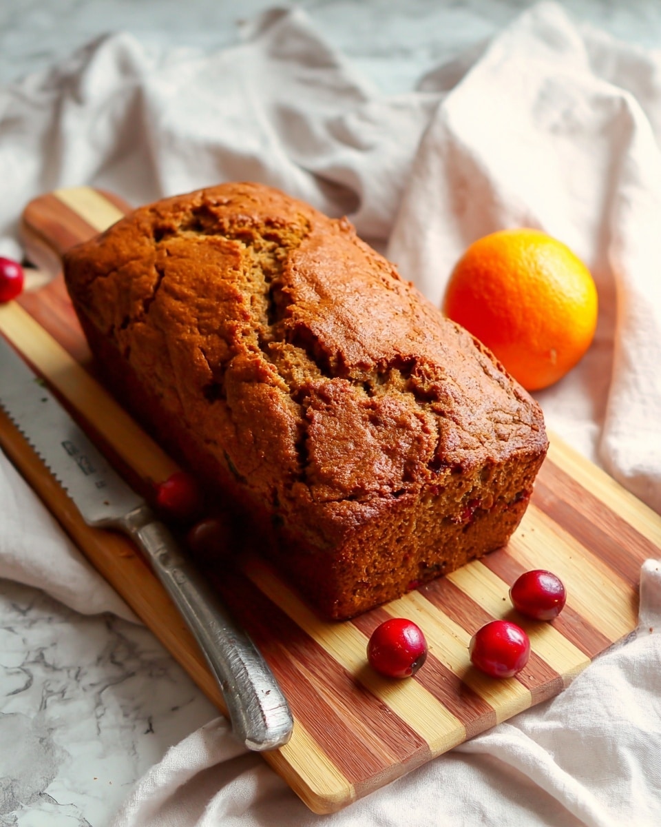 The image shows a loaf cake with a rough, cracked top, baked to a golden brown color with darker brown specks indicating texture and ingredients inside. The cake sits on a wooden cutting board with light and dark wood stripes. Beside the cake, there is one whole bright orange and several small round red cherries scattered near a silver serrated knife. The cutting board is placed on a soft white marbled cloth, adding a gentle backdrop. photo taken with an iphone --ar 4:5 --v 7