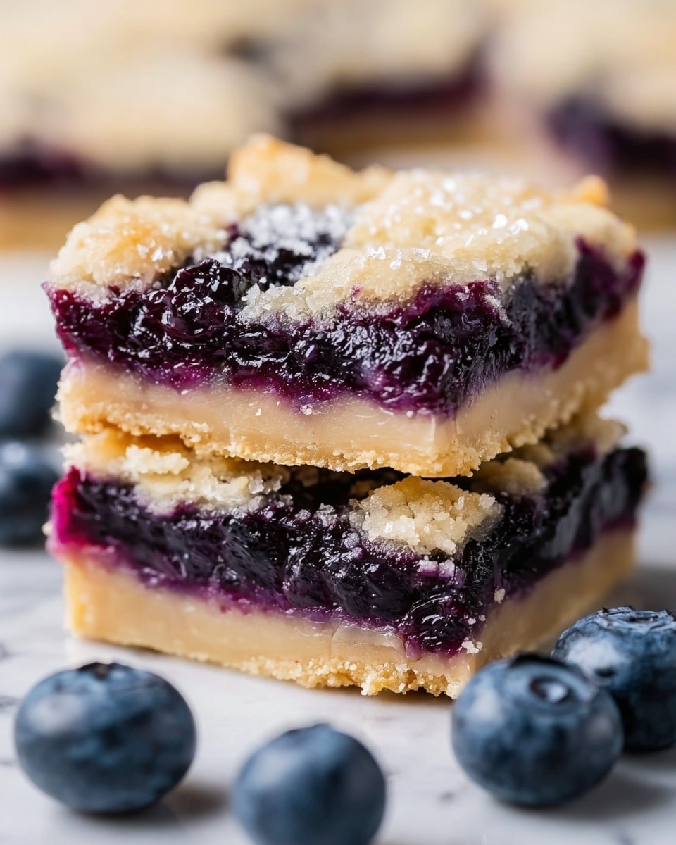 A close-up shot shows two stacked square blueberry bars with three visible layers: the bottom layer is a thick, light golden crumbly crust, the middle layer is a thick, deep purple blueberry filling with a glossy, juicy texture, and the top layer is a lighter golden crumbly crust with small sugar crystals on top. Fresh blueberries are placed in the foreground on a white marbled surface, slightly out of focus, adding a natural touch. The photo taken with an iphone --ar 4:5 --v 7
