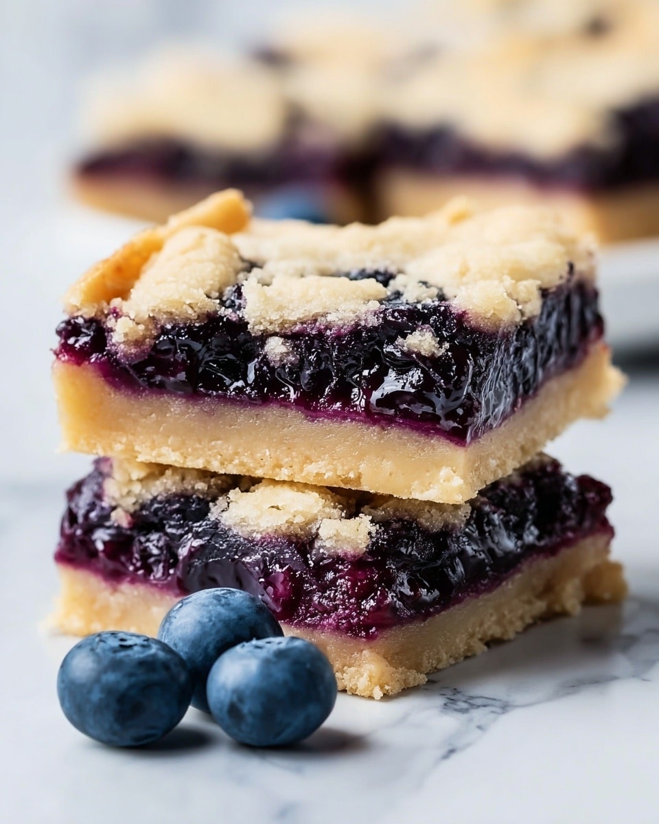 The image shows two stacked dessert bars with three distinct layers: the bottom layer is a thick, crumbly pale golden crust; the middle layer is a glossy, deep purple blueberry filling with juicy texture; and the top layer is a slightly golden, crumbly crust that has some cracks showing the blueberry filling below. In front of the bars, there are a few fresh, plump blueberries with a matte blue color. The dessert rests on a white plate set on a white marbled surface, creating a clean, bright background. Photo taken with an iphone --ar 4:5 --v 7