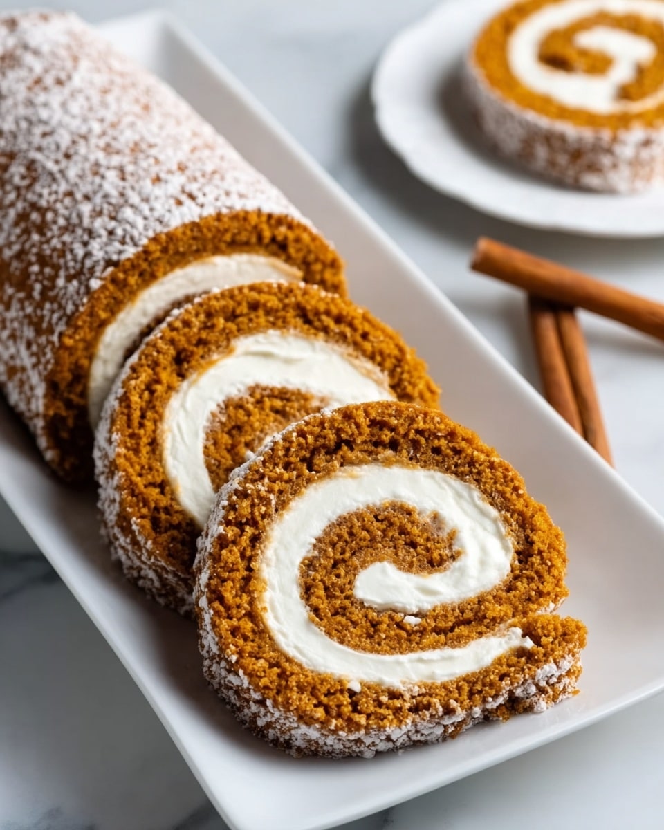 The image shows a white rectangular plate on a white marbled surface, holding a sliced pumpkin roll cake. The roll has a deep orange-brown sponge cake layer with a soft, creamy white filling spiraled evenly inside. There are five visible slices lying flat on the plate, with the full roll partially sliced at the back. The cake surface has a light dusting of powdered sugar, adding a delicate touch. In the background, there is a blurred glass of milk and a small white plate holding an extra slice, also on the white marbled surface. Photo taken with an iphone --ar 4:5 --v 7