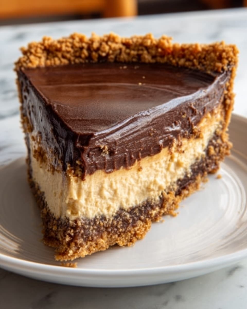 The image shows a slice of layered dessert on a white plate, placed on a white marbled surface. The bottom layer is a crumbly, golden-brown crust. Above the crust is a smooth light brown layer, creamy and thick. Topping this is a thick, dark chocolate layer with a shiny, glossy texture. The edges of the slice are neatly cut, and some crumbly bits stick to the sides. The background is softly blurred, giving focus to the dessert. photo taken with an iphone --ar 4:5 --v 7