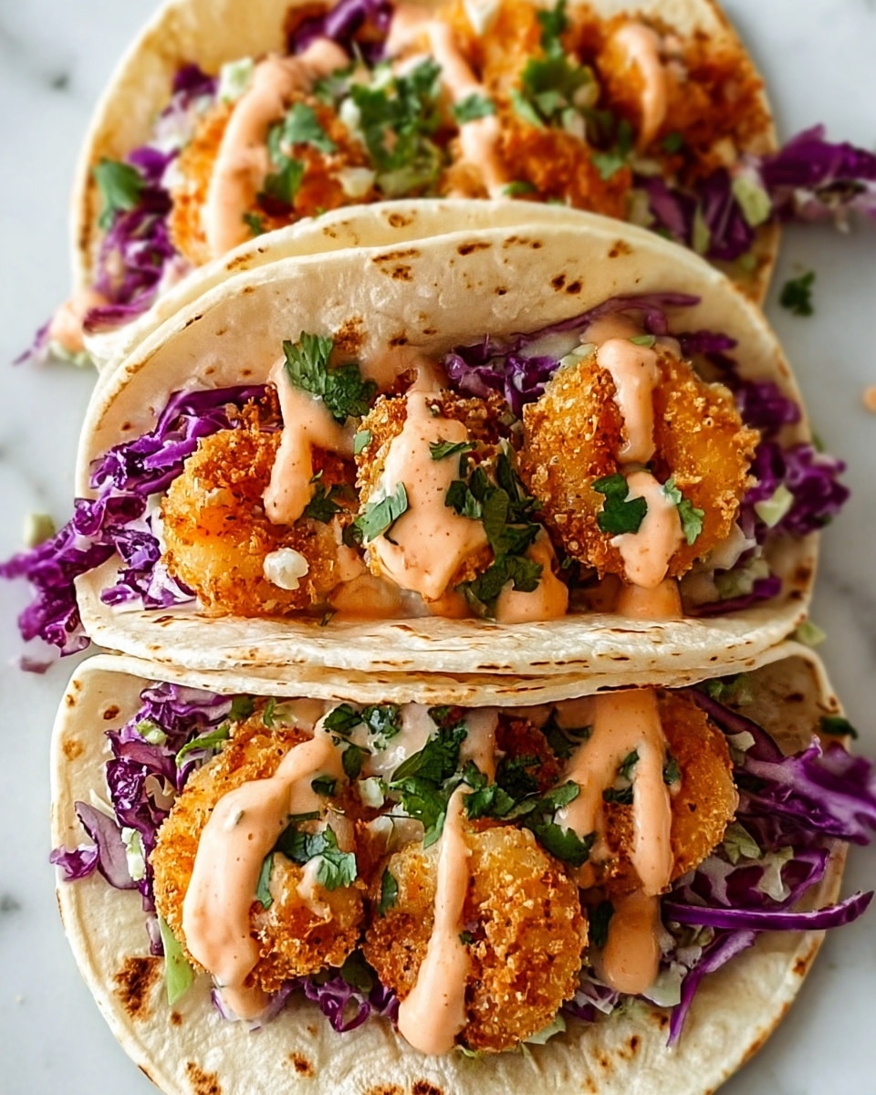 Three soft corn tortillas are open-faced on a white marbled surface, each layered with crispy golden-brown fried shrimp that are round and textured. Beneath the shrimp is a base of shredded purple cabbage adding a rich violet color, with small bits of green cilantro scattered on top. The shrimp are drizzled with creamy, light pink spicy sauce that contrasts with the colors underneath. The tortillas are slightly toasted with faint brown spots, and the layers appear fresh and vibrant. photo taken with an iphone --ar 4:5 --v 7