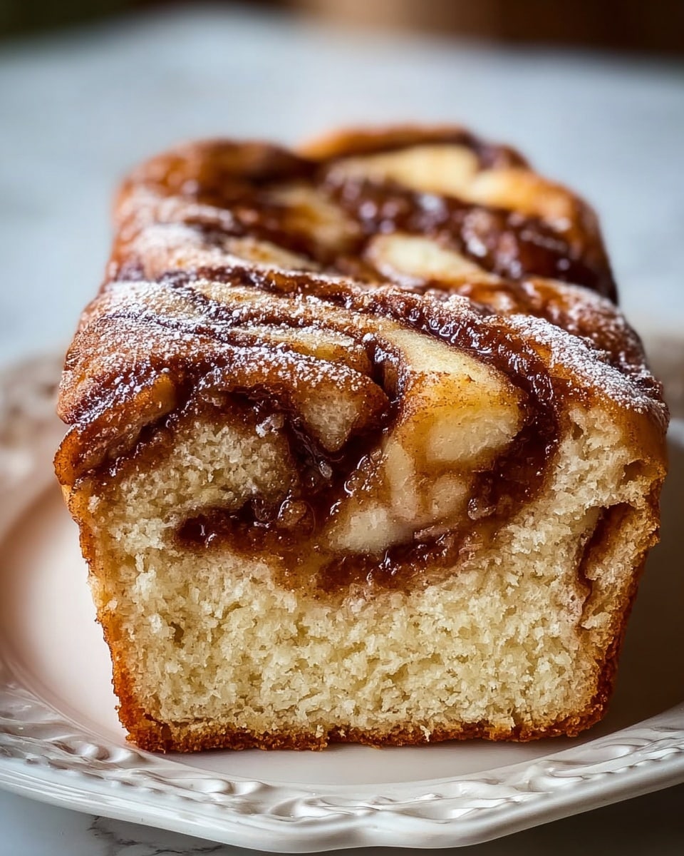 A close-up image of a slice of cinnamon apple cake showing three thick layers of light golden cake with swirls of dark brown cinnamon and caramelized apple pieces inside. The cake top is a shiny golden brown with small, soft apple slices embedded and a dusting of powdered sugar. The slice sits on a white ornate plate, placed on a white marbled surface. The texture of the cake looks soft and moist with a slightly crisp crust. Photo taken with an iphone --ar 4:5 --v 7