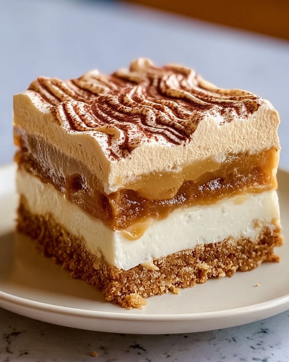 A square piece of layered dessert sits prominently on a white plate, showcasing four visible layers. The bottom layer is a thick, crumbly golden-brown crust with a rough texture. Above this is a smooth, creamy white layer that looks soft and dense. The third layer is a rich caramel-brown filling, slightly translucent with a glossy finish, adding moisture and depth. The top layer is a thick, fluffy cream that is piped with swirled ridges, dusted evenly with a light cocoa powder, giving it contrast and a finishing touch. The image is set against a white marbled texture. photo taken with an iphone --ar 4:5 --v 7
