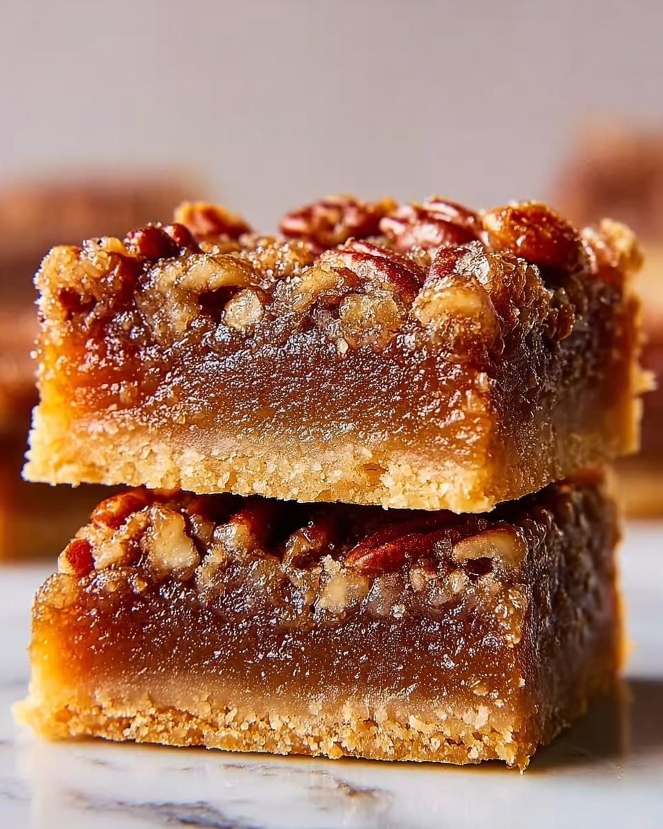 The image shows two stacked pecan pie bars with clear layers. The bottom layer is a golden, crumbly crust that looks soft yet firm. The middle layer is thick and gooey, shiny in a rich caramel brown color, filled with bits of nuts visible beneath the surface. The top layer has chopped pecans in a glossy, sticky glaze with a mix of dark brown and amber colors, giving a crunchy texture. The background has a soft blur with hints of white and green, and the bars are placed on a light wooden surface. photo taken with an iphone --ar 4:5 --v 7
