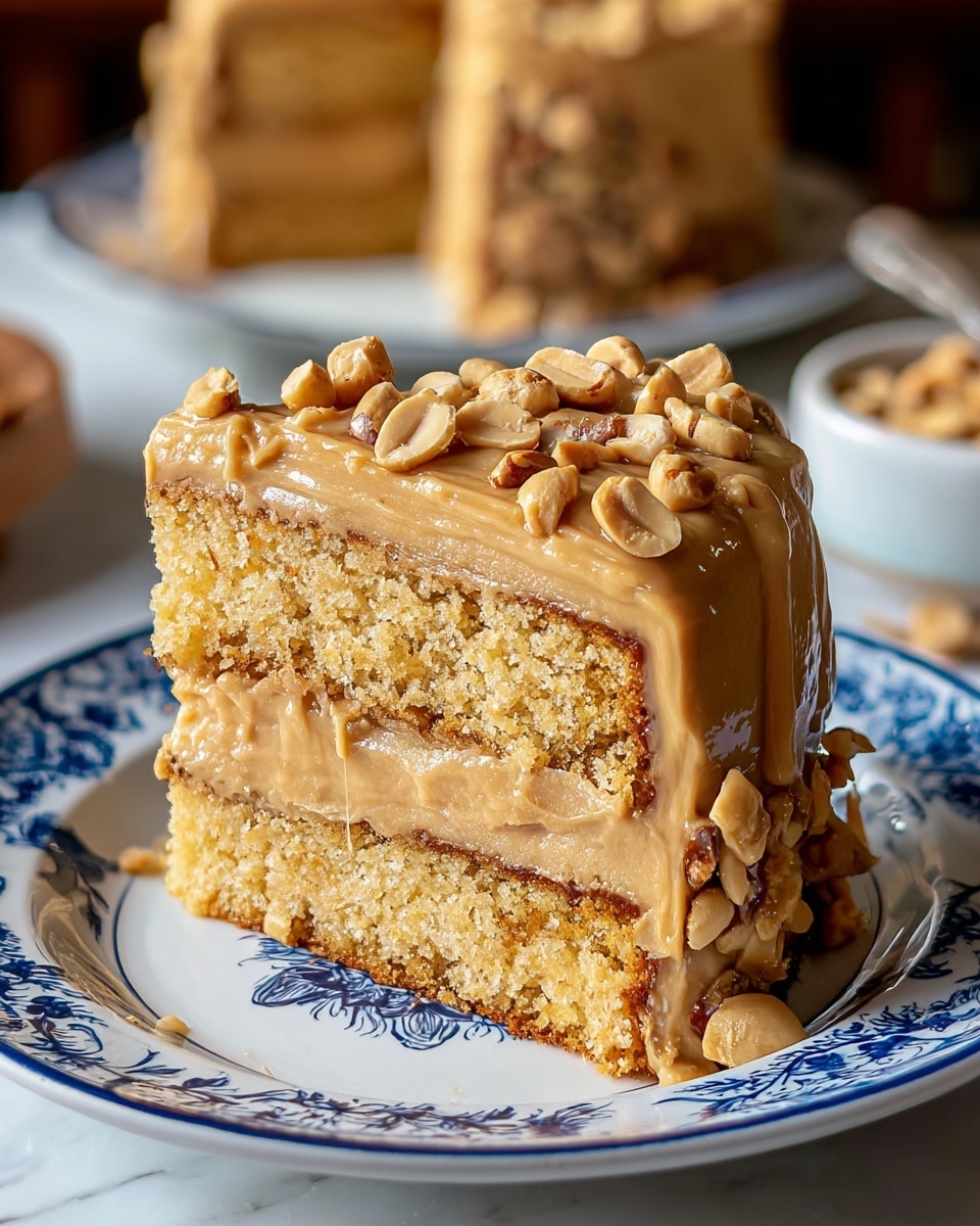 A slice of two-layer cake sits on a white plate with a blue decorative rim. The bottom and top layers are light brown, moist cake with a crumbly texture and visible small nuts inside. Between the two cake layers and covering the outside is a thick, smooth, caramel-colored frosting. On top, there is an even layer of the same caramel frosting, generously topped with whole and halved roasted peanuts that add a rough, nutty texture. The cake slice looks rich and dense, placed against a blurred backdrop with a white marbled texture surface. photo taken with an iphone --ar 4:5 --v 7