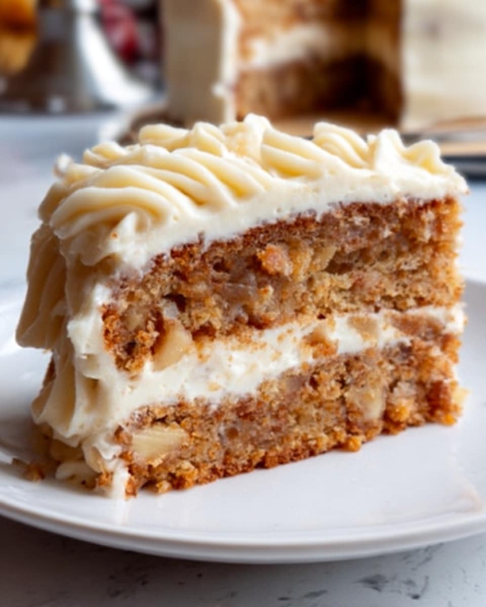 The image shows a slice of layered cake on a white plate with a white marbled surface in the background. The cake has three main layers: the bottom and top layers are light brown with visible apple chunks, making the texture look moist and slightly crumbly. Between these layers, there are two thick layers of creamy white frosting with a smooth texture. The top of the cake slice is topped with a swirled layer of the same creamy frosting. Photo taken with an iphone --ar 4:5 --v 7
