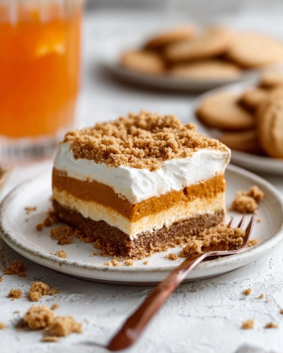 A square dessert bar on a white plate with a white marbled surface beneath. The dessert has three visible layers: a light brown crumbly base, a thick orange pumpkin filling layer in the middle, and a thick fluffy white whipped topping on top. The top is covered with a golden-brown crumbly streusel layer. A fork with a wooden handle rests beside the dessert with a small bite taken out of the corner. In the background, there is a glass of orange drink and some beige cookies, slightly out of focus. Photo taken with an iphone --ar 4:5 --v 7