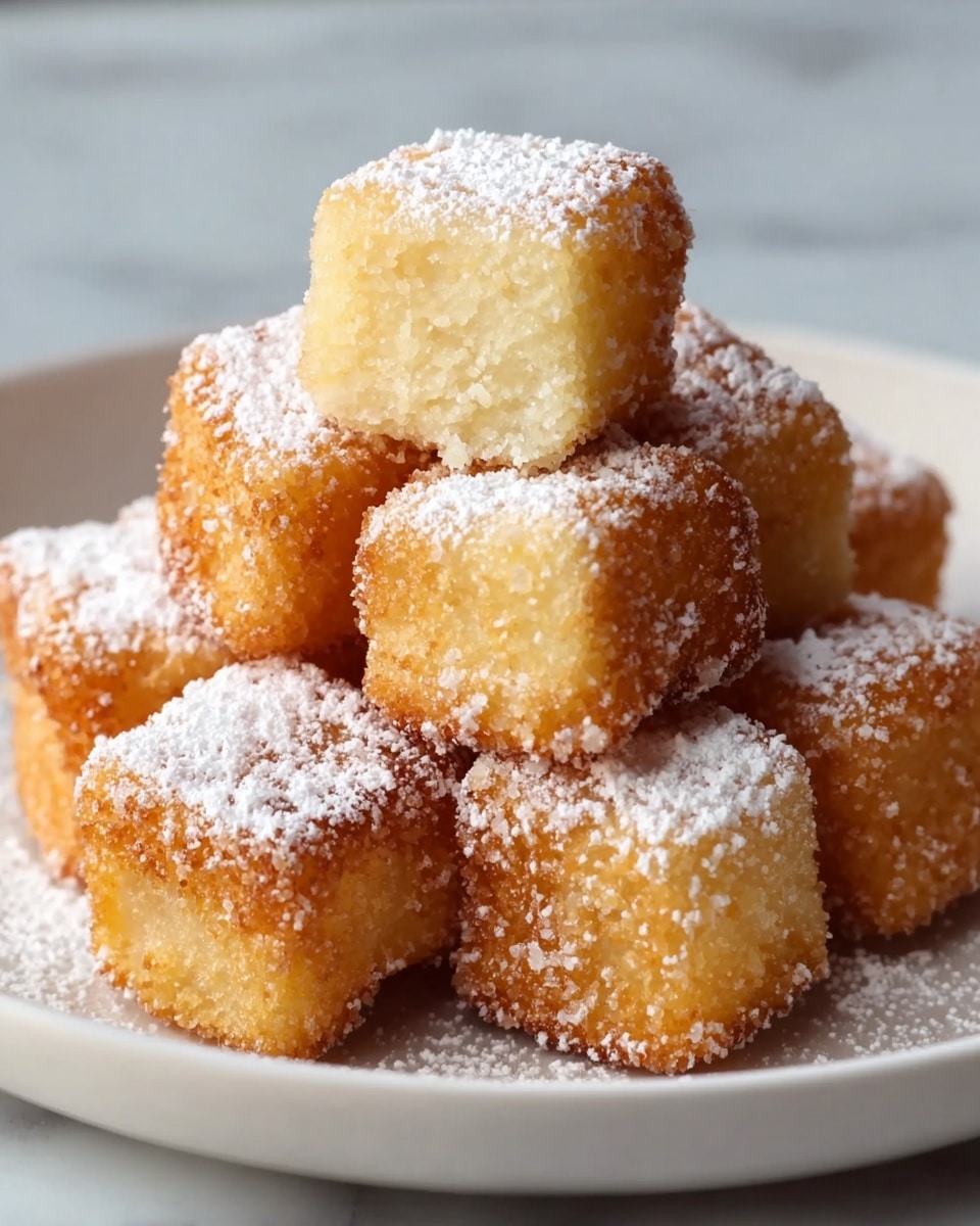 The image shows a pile of small, golden-brown fried cubes stacked on a white plate, each piece having a slightly rough and crispy texture on the outside. The cubes have a light beige inside, visible in some pieces, contrasting with the deeper brown crust. The whole pile is dusted with a fine layer of white powdered sugar, adding a delicate, powdery texture on top. The plate sits on a white marbled surface, with a blurred background that highlights the crispiness and warm colors of the fried cubes. photo taken with an iphone --ar 4:5 --v 7