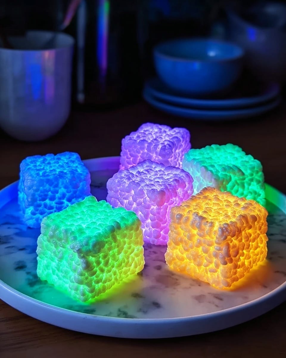 The image shows a white plate on a white marbled surface holding seven glowing cube-shaped desserts. Each cube has a bumpy texture, looking like puffed rice treats. At the front, three cubes glow bright green and blue. Behind them, three cubes glow blue and purple. At the back, two cubes shine orange-yellow. The cubes are evenly spaced and appear soft and light. The background is dark with some blurred kitchen items in blue and purple tones. Photo taken with an iphone --ar 4:5 --v 7