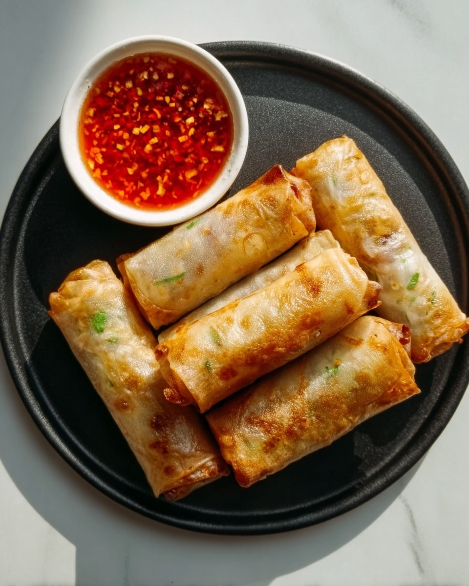 A black plate holds five golden-brown spring rolls arranged in two rows, with three in the top row and two in the bottom. Each spring roll has a crispy, slightly shiny texture with light green herbs visible inside through the translucent skin. A small white bowl of red chili sauce with visible chili seeds sits at the top left corner of the plate. The plate is on a white marbled surface with soft shadows on the right side. photo taken with an iphone --ar 4:5 --v 7
