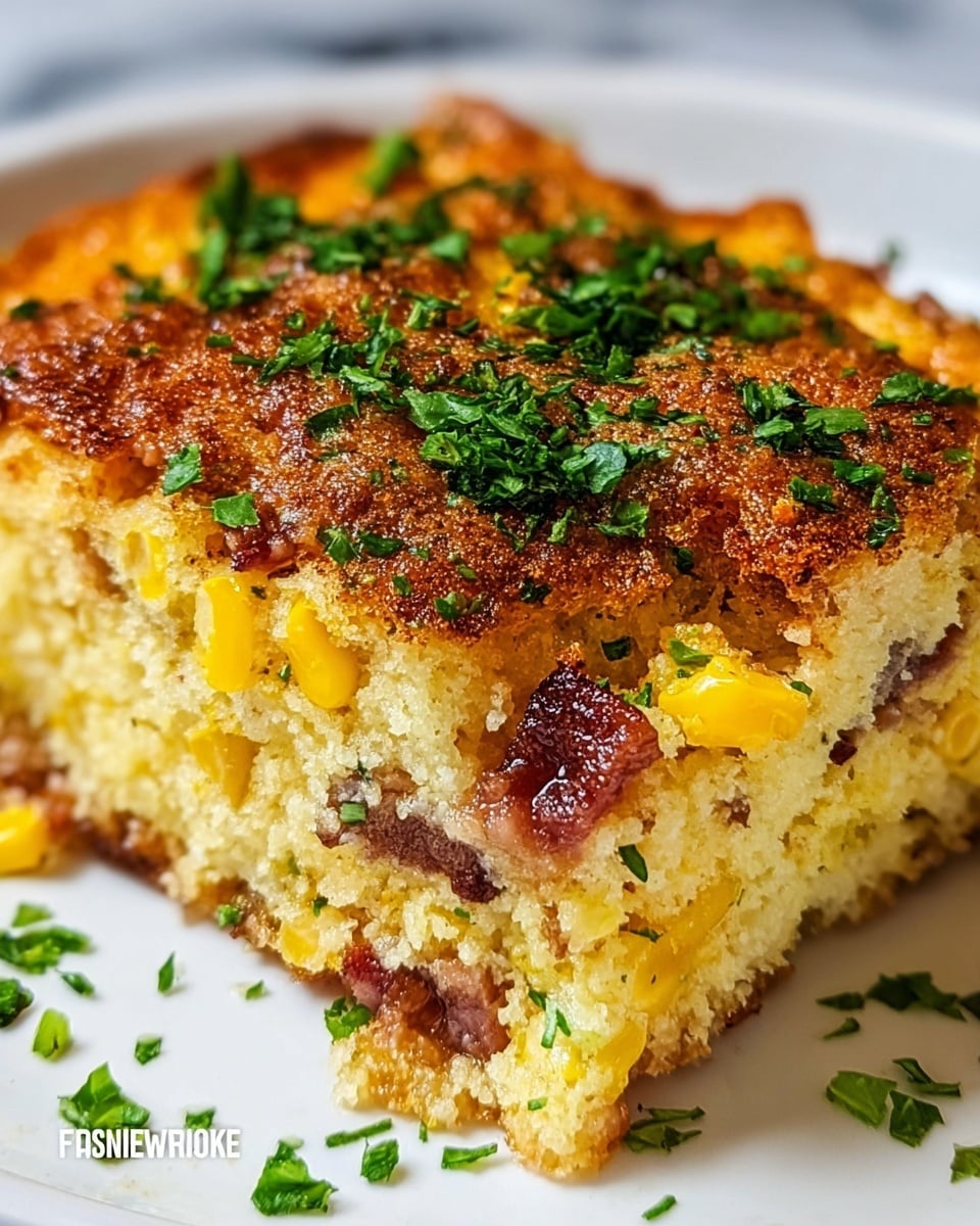 A close-up view of a square piece of baked corn casserole on a white plate, placed on a white marbled surface. The casserole has about three visible layers: the top layer is golden brown and crispy with a crumbly texture, dotted with chopped green herbs. The middle layer is soft and yellow with whole corn kernels mixed in, and bits of cooked brown bacon are visible inside. The bottom layer is moist and light beige, blending smoothly into the middle. The whole dish is sprinkled with fresh green herbs on top and around the plate. photo taken with an iphone --ar 4:5 --v 7