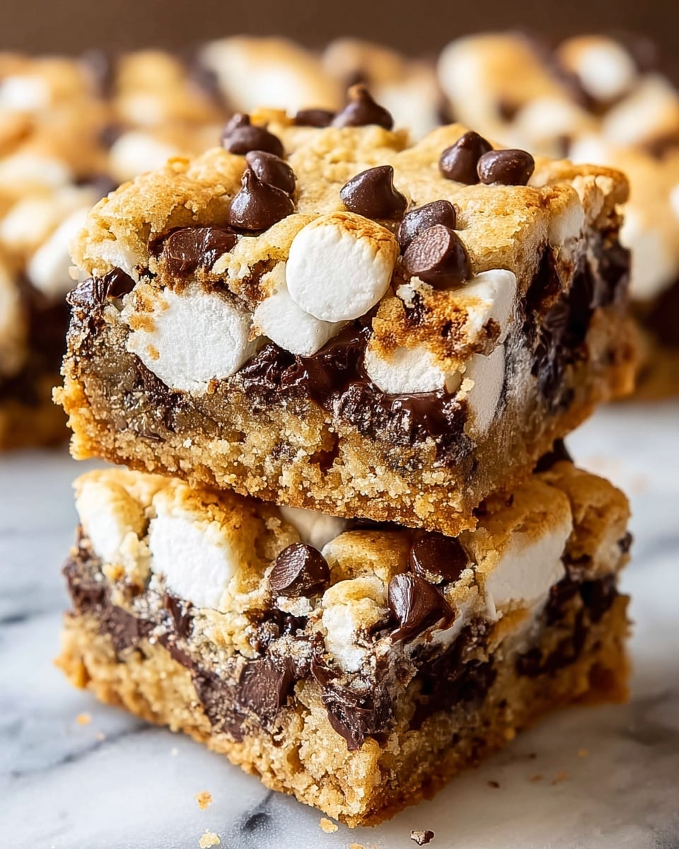 The image shows two stacked dessert bars on a white marbled surface, each bar having three main layers. The bottom layer is a thick, crumbly, golden-brown cookie dough base with chunks visible inside. The middle layer is filled with melted, gooey dark chocolate, mixed with soft white marshmallow pieces. The top layer is a golden-baked cookie surface dotted with melted dark chocolate chips and slightly browned marshmallows, giving a textured look. The edges are slightly crumbly, and the bars appear soft and chewy, with the marshmallows puffed up and melty throughout. Photo taken with an iphone --ar 4:5 --v 7