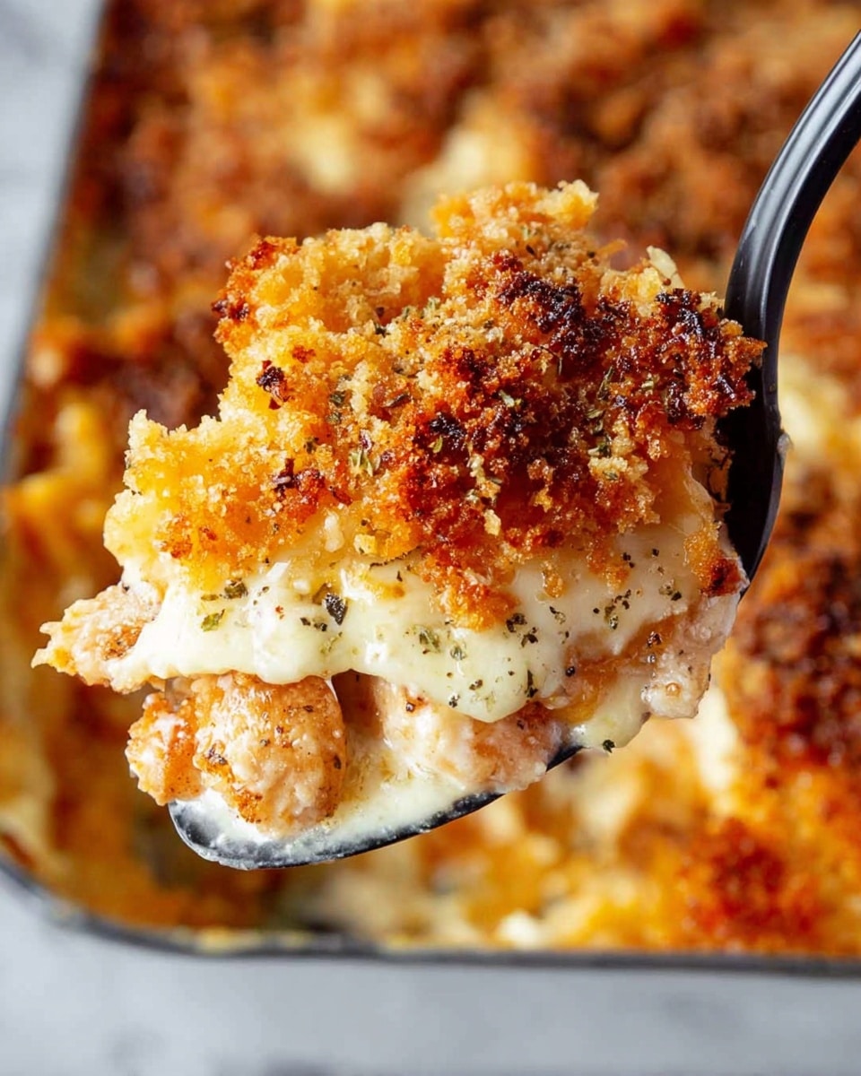 A close-up view of a black spoon holding a layered dish with three clear layers: the top layer is golden brown and crispy breadcrumbs with a rough texture, the middle layer is melted cheese in a creamy white color with small black specks of seasoning, and the bottom layer is a mix of slightly crispy, light brown pieces that appear to be cooked chicken or similar protein. The background shows more of the dish with a similar golden brown breadcrumb topping, all set on a white marbled texture. photo taken with an iphone --ar 4:5 --v 7