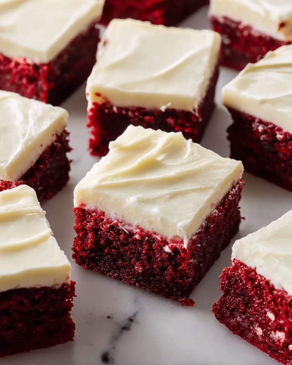 The image shows close-up red velvet cake squares arranged closely on a white marbled surface. Each piece has two layers: the bottom layer is a dark red, moist and crumbly cake, and the top layer is thick, creamy white frosting that is smooth with some slight wave patterns. One red velvet square is slightly lifted, showing the distinct cream cheese frosting on top of the red cake. The texture of the cake looks soft and dense, and the frosting looks rich and smooth. photo taken with an iphone --ar 4:5 --v 7