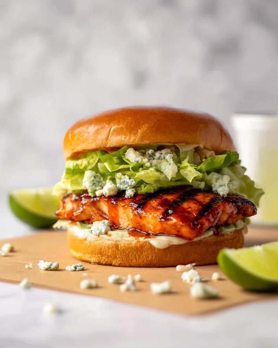 A grilled chicken sandwich is shown with a shiny light brown burger bun on top. Under the bun, there is a layer of green leafy lettuce mixed with some blue cheese crumbles. Below the lettuce is a grilled chicken fillet with a dark orange glaze and grill marks, sitting on a layer of light-colored sauce spread on the bottom bun. The sandwich is placed on a light brown paper surface with some blue cheese bits scattered around. In the background, a wedge of lime and a small white cup are partially visible on a white marbled texture. photo taken with an iphone --ar 4:5 --v 7