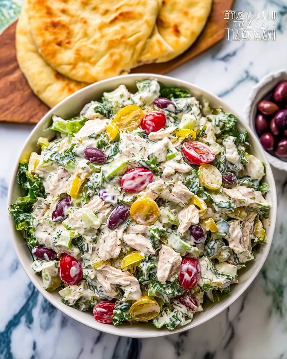 A white bowl filled with a creamy chicken salad that has visible chunks of white chicken, bright red cherry tomatoes, dark purple olives, and green leafy herbs mixed throughout a thick, pale dressing; the salad's texture looks rich and chunky. Behind the bowl, there are round, golden-brown flatbreads on a wooden board along with a smaller white bowl full of dark olives to the side. The scene is set on a white marbled surface with a blue and white striped cloth partially visible under the bowls. Photo taken with an iphone --ar 4:5 --v 7