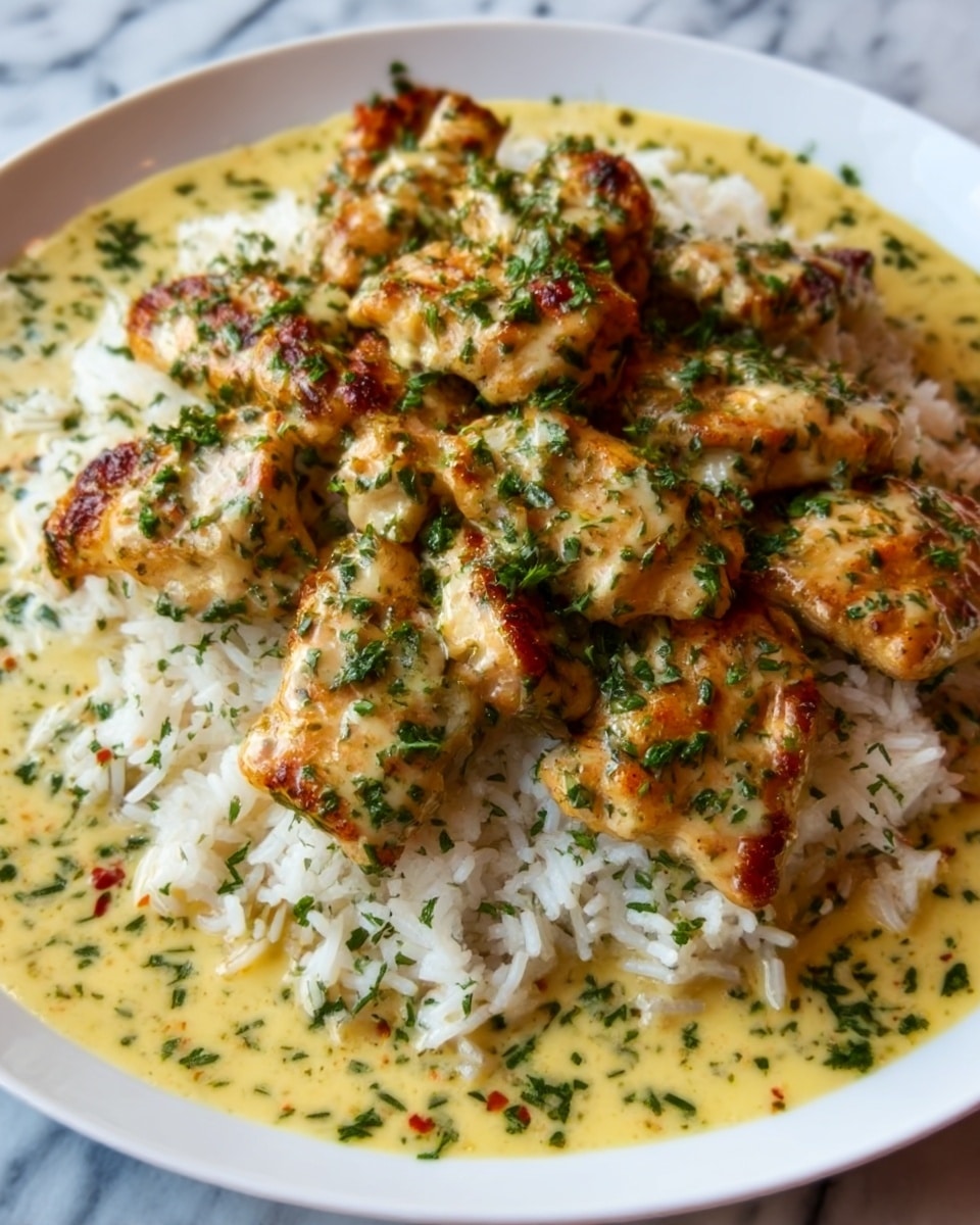 A white plate holds a bed of white rice with visible individual grains, spread evenly as the base layer. On top of the rice, there are golden-brown grilled chicken pieces, each with a slightly crispy texture and a light char. The chicken is garnished with finely chopped green herbs, scattered evenly across the dish. Surrounding the rice is a creamy light yellow sauce with a smooth texture, pooling gently around the edges of the plate. The background is a white marbled surface. Photo taken with an iphone --ar 4:5 --v 7