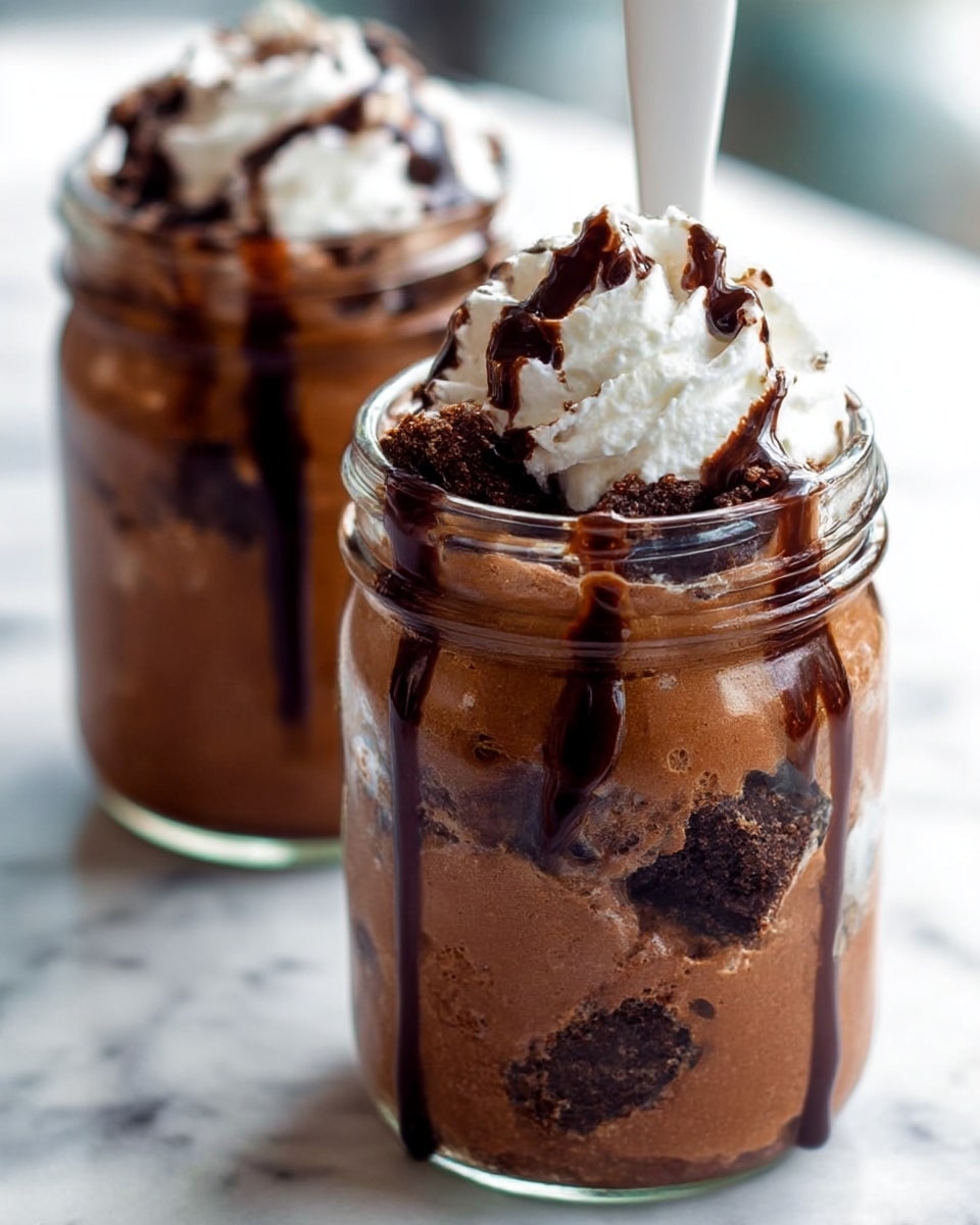 The image shows two clear glass jars filled with a layered chocolate dessert. At the bottom, there is a thick layer of creamy dark chocolate mousse, followed by crumbly chunks of dark chocolate cake spread unevenly throughout the middle, creating a textured look inside the jar. More mousse fills the space above the cake pieces, with chocolate syrup dripping down the inside sides of the jar. The top layer is finished with a swirl of white whipped cream, drizzled with further dark chocolate syrup, and a white spoon is inserted into the dessert. The jars are placed on a white marbled surface. photo taken with an iphone --ar 4:5 --v 7