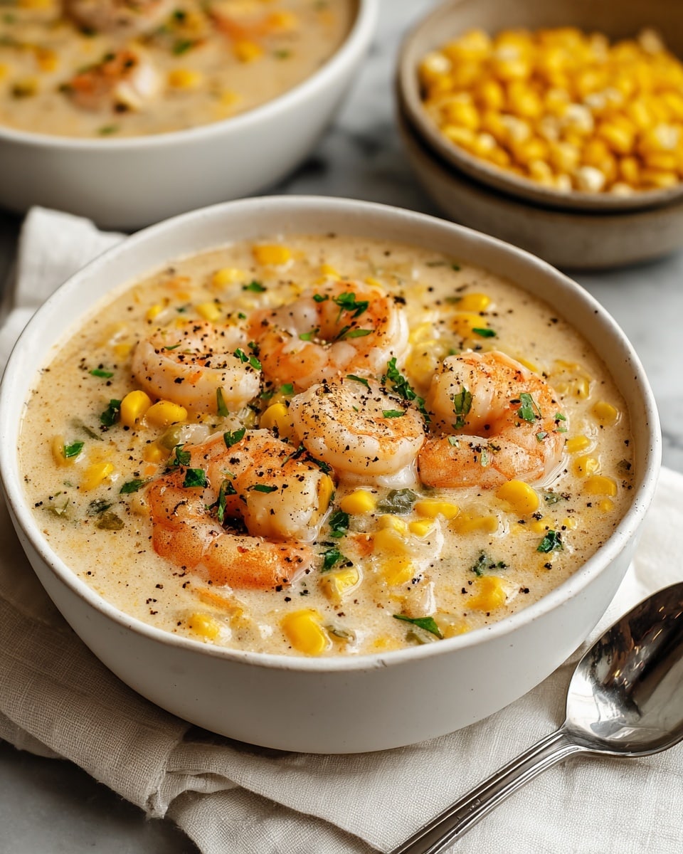 A white bowl filled with creamy shrimp and corn chowder sits on a white marbled surface with a white cloth underneath. The chowder has five visible shrimp with a light pink-orange color on the top layer, scattered with bright yellow corn kernels. The thick soup base is light beige with small pieces of green herbs and bits of vegetables like onions mixed in. The dish is sprinkled with black pepper and chopped green herbs for a fresh touch. Behind the bowl, there is a second white bowl filled with corn, slightly out of focus. A shiny spoon rests on the right side of the bowl on the white cloth. Photo taken with an iphone --ar 4:5 --v 7