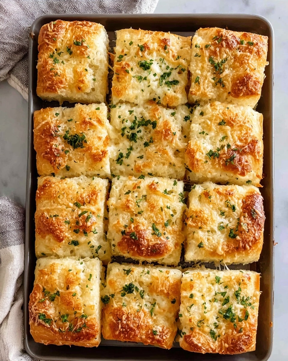 The image shows a baking pan filled with twelve evenly cut square pieces of golden-brown garlic bread. Each piece has a crispy top layer covered with melted cheese that has browned slightly in spots, and sprinkled with green herbs, likely parsley. The bread looks soft and fluffy underneath the crispy surface, showing a light texture with small air pockets. The pan rests on a white marbled surface with a cloth nearby. Photo taken with an iphone --ar 4:5 --v 7
