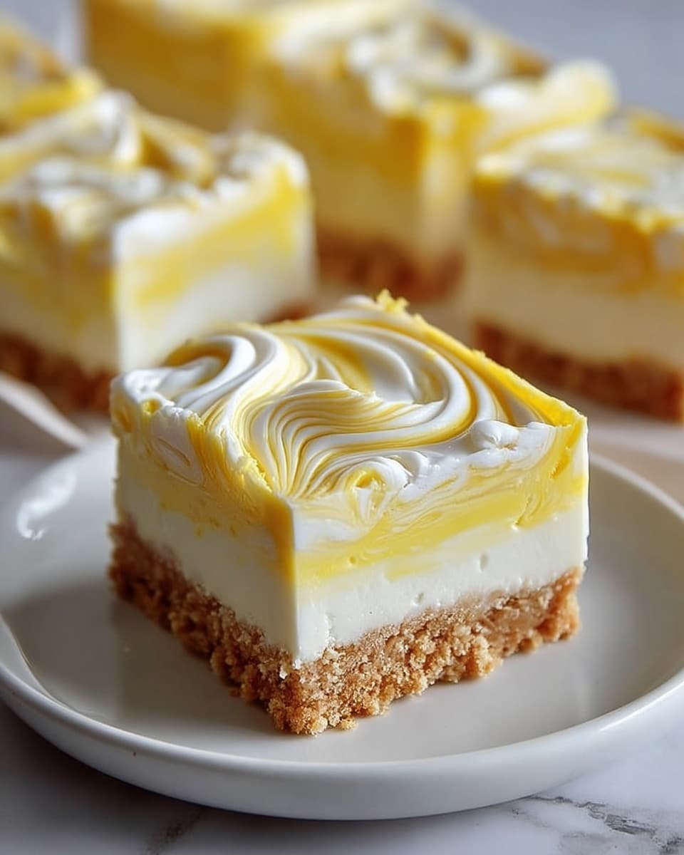 The image shows a square slice of a dessert with three clear layers on a white plate resting on a white marbled surface. The bottom layer is a crumbly, light brown crust, rough in texture. Above it, there is a thin white cream layer that looks smooth and soft. The top layer is thick and creamy with a swirl pattern mixing white and yellow shades, giving a soft and airy texture. The swirl on top forms gentle peaks and curls, adding a decorative touch. Several other pieces of the same dessert are seen blurred in the background. photo taken with an iphone --ar 4:5 --v 7