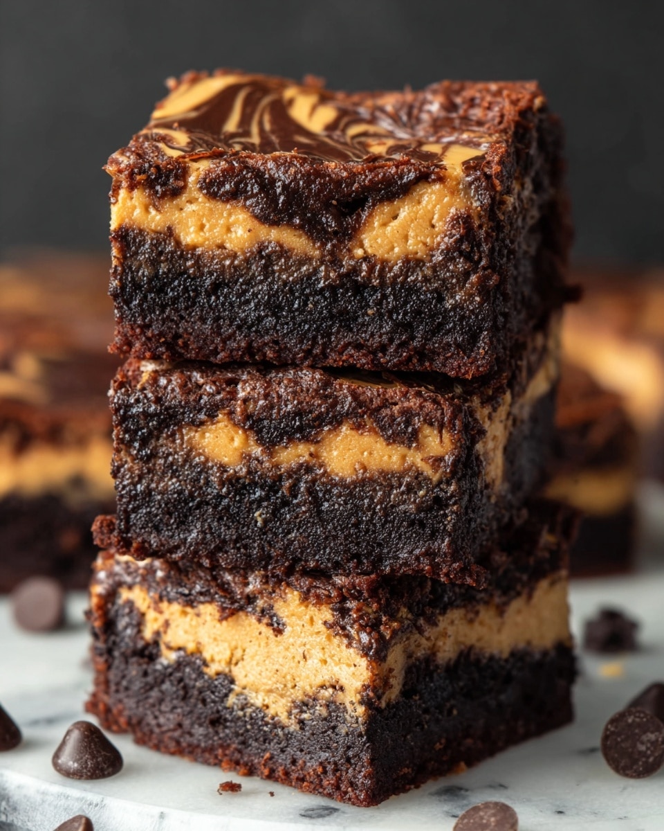 The image shows a stack of three thick, square brownies on a white marbled surface. Each brownie has two main layers: a dark, dense chocolate brownie base with a moist texture, and a thick, creamy peanut butter layer in the middle that has a slightly swirled pattern with melted chocolate on top. The top layer features a shiny mix of melted chocolate and peanut butter with a marbled design, giving a glossy look. Around the brownies, there are scattered dark chocolate chips adding to the rich appearance. The background is dark, making the colors and textures of the brownies stand out clearly. photo taken with an iphone --ar 4:5 --v 7