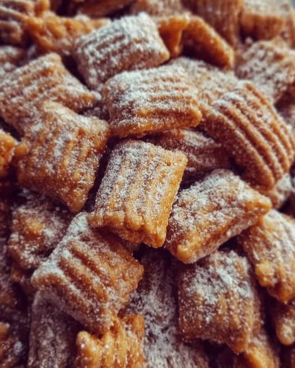 A close-up photo shows a pile of small, square-shaped snacks with a crunchy texture. Each piece is golden brown with ridges on the surface and is dusted lightly with white powdered sugar. The snack pieces overlap each other, creating depth and showcasing their rough, crispy look. The photo is taken with an iphone --ar 4:5 --v 7