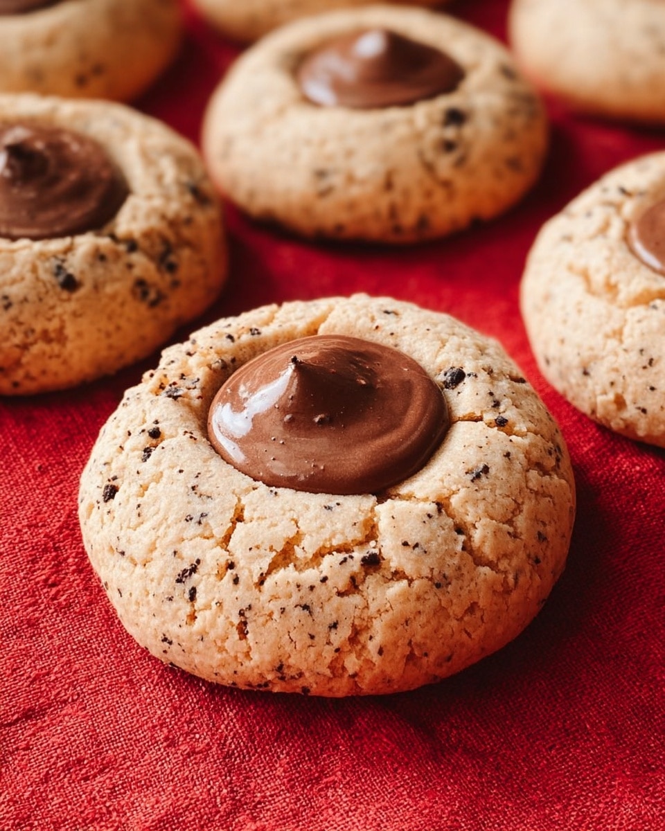 Several round cookies with a light brown color and small dark chocolate specks are arranged closely on a red cloth. Each cookie has a smooth, glossy chocolate center that is slightly raised and darker brown, creating a two-layer look with the crumbly textured cookie base. The surface of the cookies shows fine cracks, giving a homemade feel. The image is shot up close, focusing on the front cookie with others softly blurred behind it on the same red cloth, all set on a white marbled surface. photo taken with an iphone --ar 4:5 --v 7