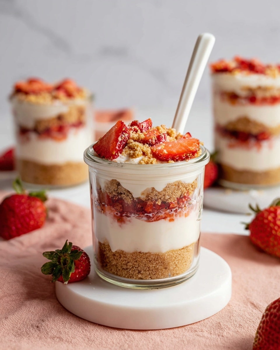 The image shows a glass jar dessert with four clear layers. The bottom layer is a thick, light brown crumbly base, followed by a smooth, creamy white layer above it. The third layer is another thick crumbly mix of light brown crumbs, and the top layer is a mix of small, bright red strawberry pieces and crumbly bits sprinkled over a white creamy layer. A white spoon sticks out from the top of the jar. The jar is placed on a round white plate, all set on a soft peach-colored cloth with a few strawberries nearby, all on a white marbled surface. In the background, two more jars with the same layered dessert are slightly blurred. photo taken with an iphone --ar 4:5 --v 7